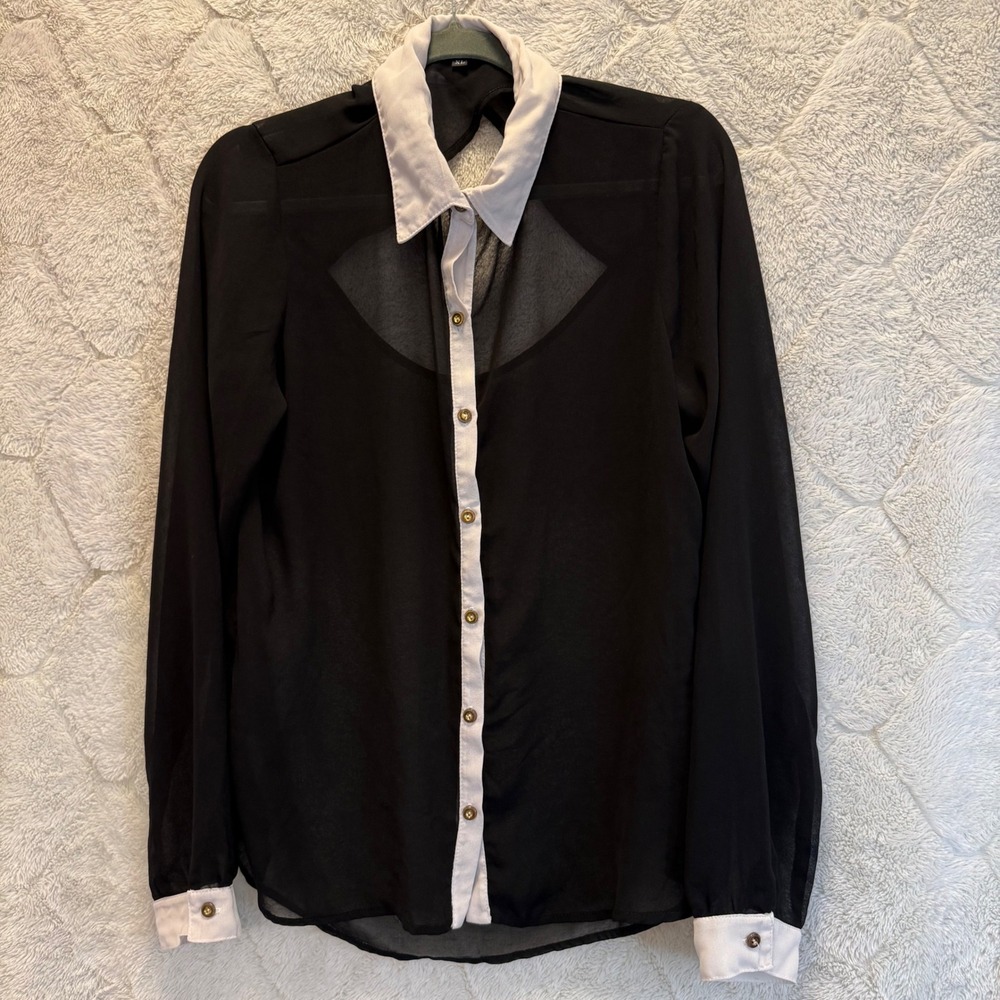 HeartSoul XL Black Sheer Chiffon Blouse White Contrast Collar Open Back Top Y2K